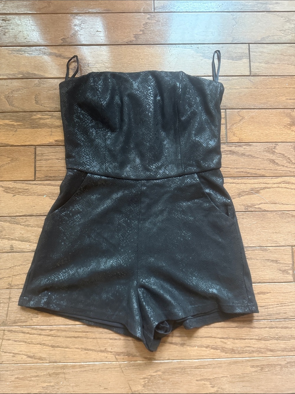 She + Sky Black Faux-Snakeskin Strapless Romper